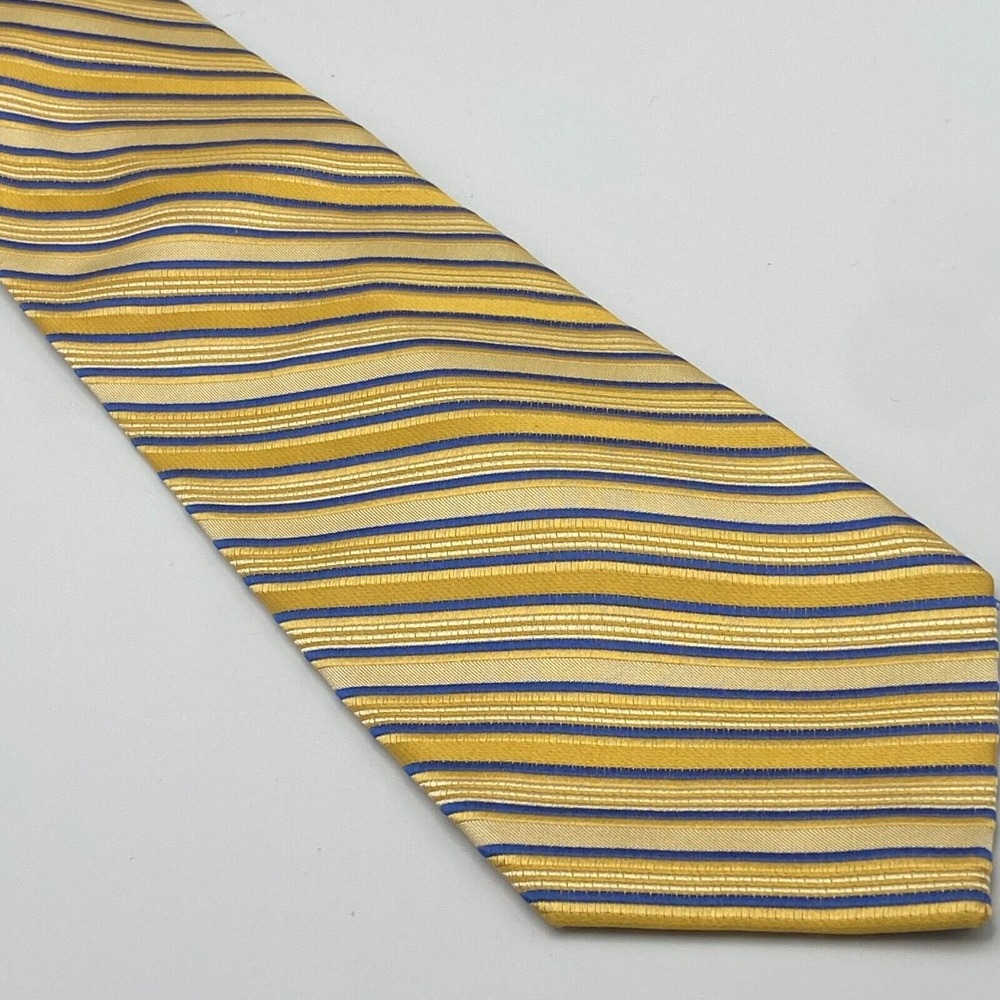 Alan Flusser Yellow‎ Gold Navy Striped Tie 100% Silk Long 61 in x 4 in